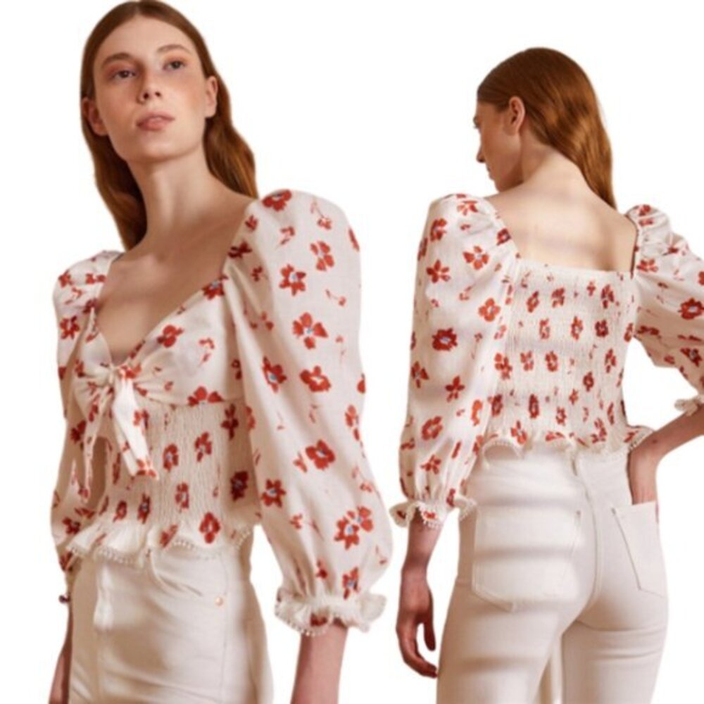 Zara Floral Print Linen Blend Square Neck Puff Sleeve Cropped Blouse‎ Size S - Picture 3 of 10